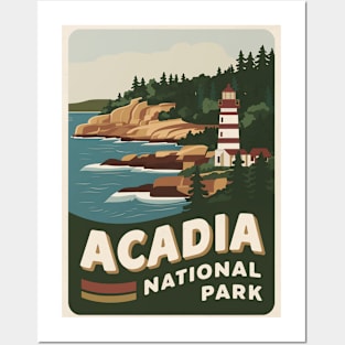 Acadia National Park Retro Illustration of Lighthouse Posters and Art